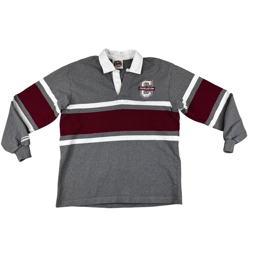 Barbarian‎ Rugby Polo Shirt Mens M Grey Maroon Charleston Striped Long Sleeve